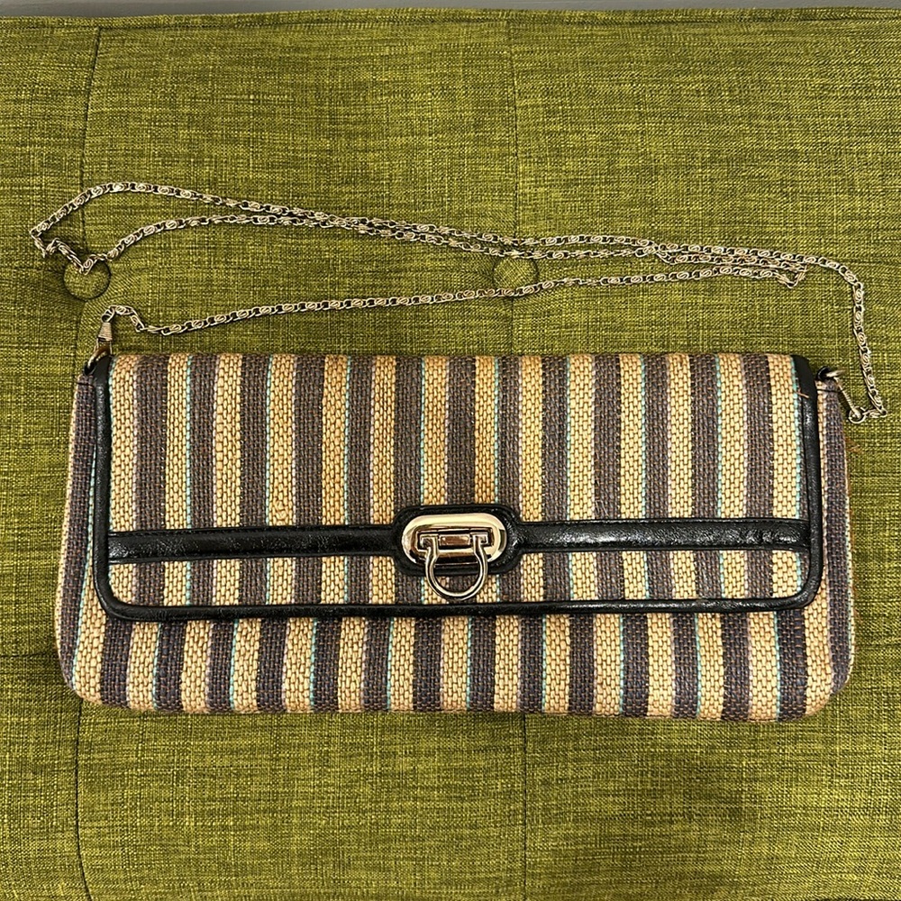 Straw Striped Clutch Purse - Natural, Navy, Turquoise w/ Black Faux Leather Trim